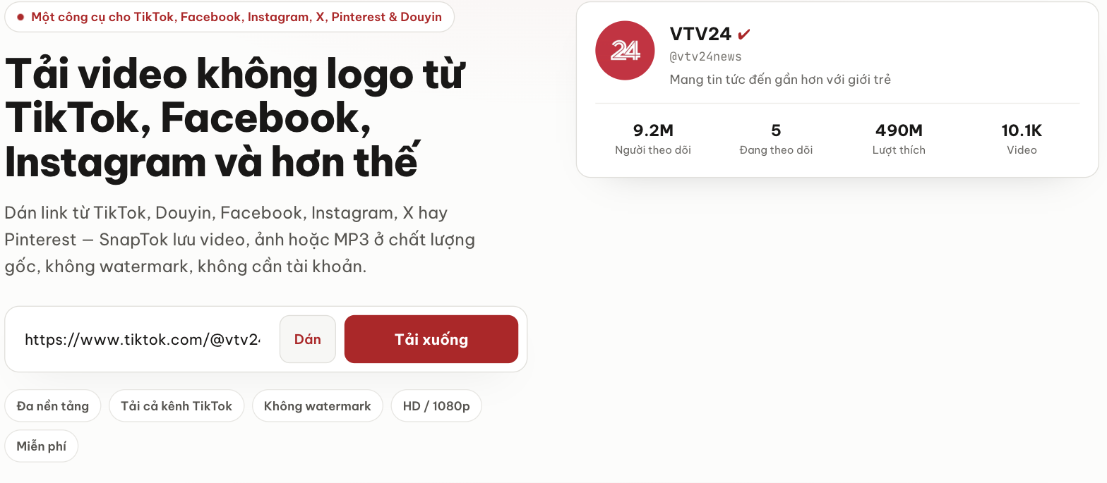 Dán tên kênh TikTok @vtv24news vào SnapTok, bên phải hiện thông tin kênh: người theo dõi, lượt thích, số video